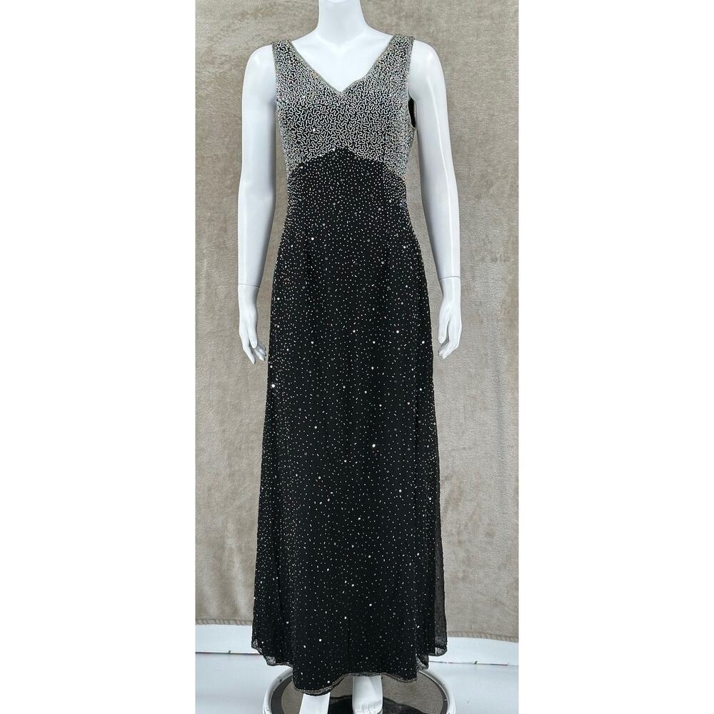 Scala Dress Womens Large Black‎ Silver Allover Beaded Gown Silk Wedding Elegant